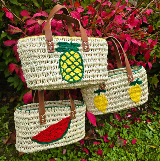 Mini Paniers "Bohème" motif fruits en feuilles de palmier et anses en cuir