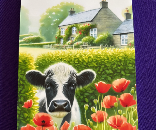 Plain Note Pad of a Black/White Cow in front of a cottage 