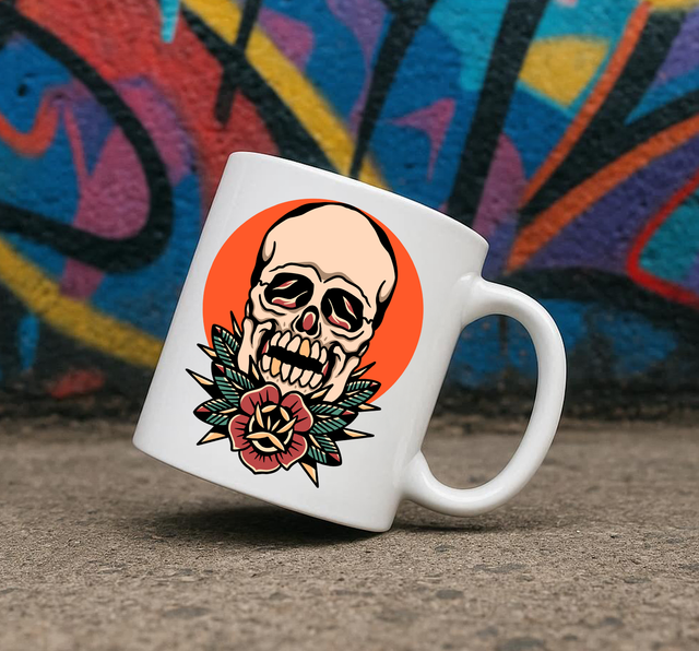 Traditional Tattoo Style Skull 11oz Ceramic Printed Mug Design