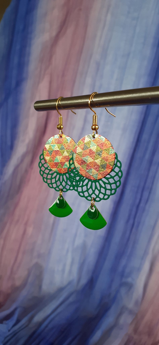 Colorfield Boucles d'oreilles pendantes, bronze antique, colorées, orange, vert bouteille et vert pomme