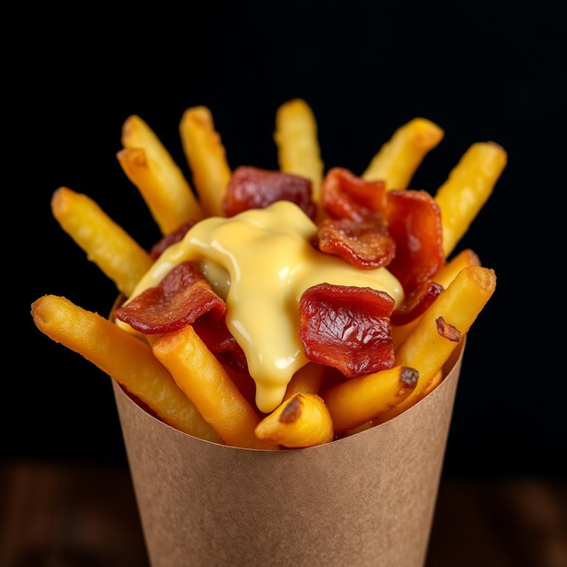 Frites Belges authentiques, Cheddar affiné &amp; Bacon de boeuf Halal