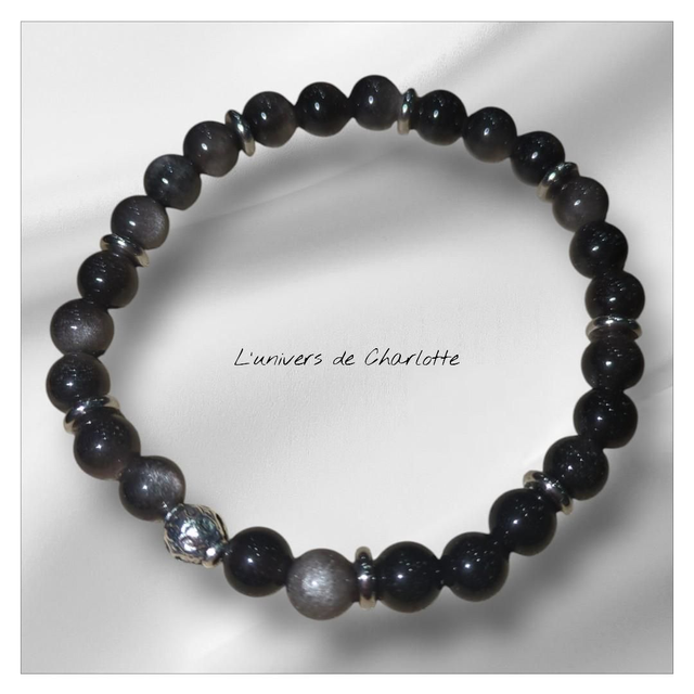 Bracelet "Obsidienne argentée" 6mm BR-407