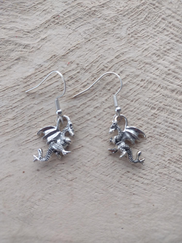  3D Dragon Charm Drop Dangly silver Earrings 