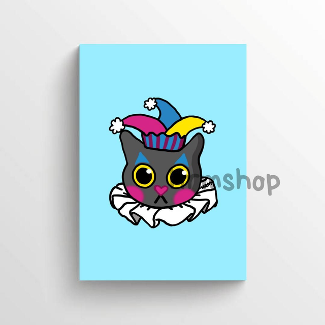 Clown Cat (Blue Background) Art Print 6x4" Unframed