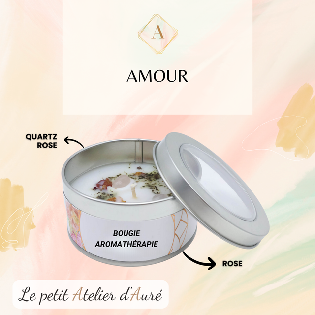 Bougie aromathérapie &quot;Amour&quot; - Quartz Rose &amp; Rose