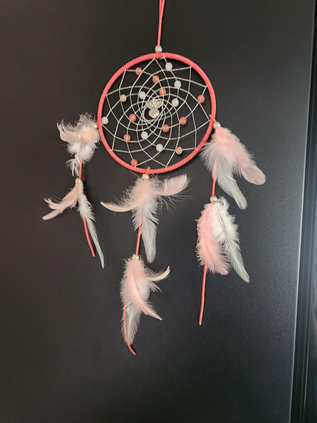 DREAMCATCHER WITH CHERRY QUARTZ AND MOONSTONE WITH ANGEL CHARM 
