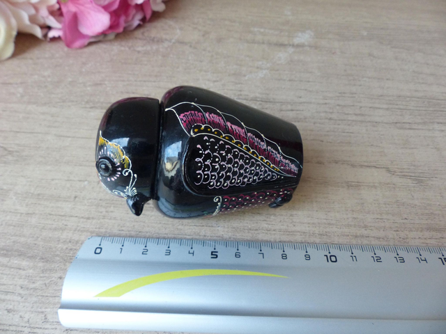 Ancienne petite boite en bois laqué forme chouette/ figurine oiseau peint à la main H 8,5 collection chouettes, artisanat d'art, cadeau