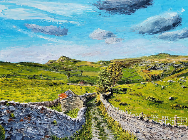 Walled lane above Stainforth- original oil on wood. 
