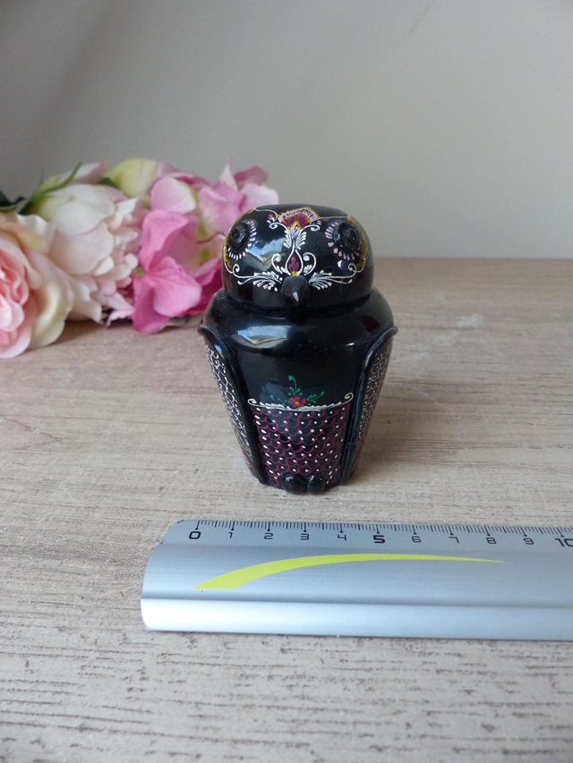 Ancienne petite boite en bois laqué forme chouette/ figurine oiseau peint à la main H 8,5 collection chouettes, artisanat d'art, cadeau