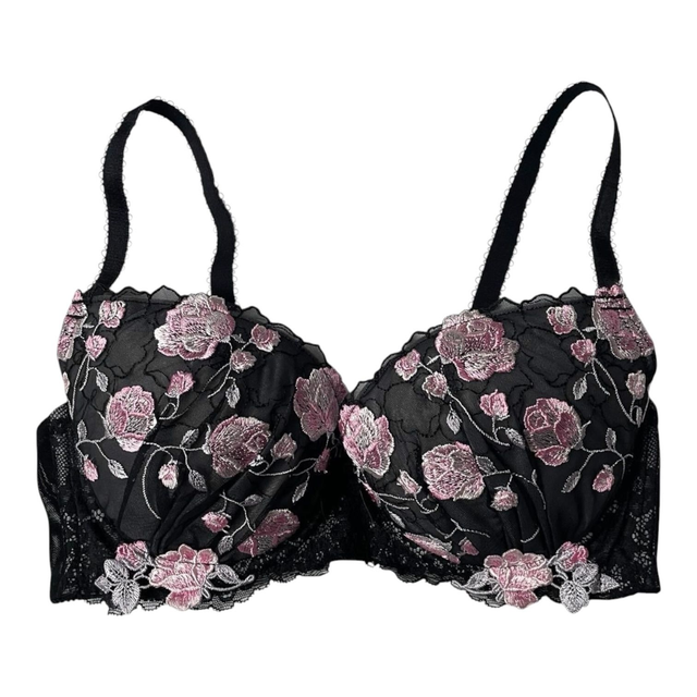 Black + pink rose floral Japanese Bra UK 30C 