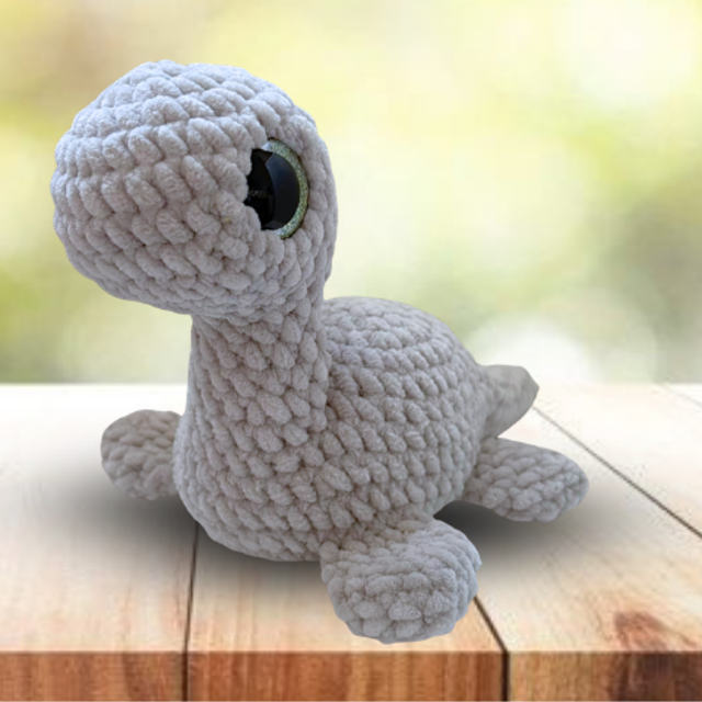 Crochet Plush Chenille Nessie, Grey, Glitter Eyes, Ukca tested
