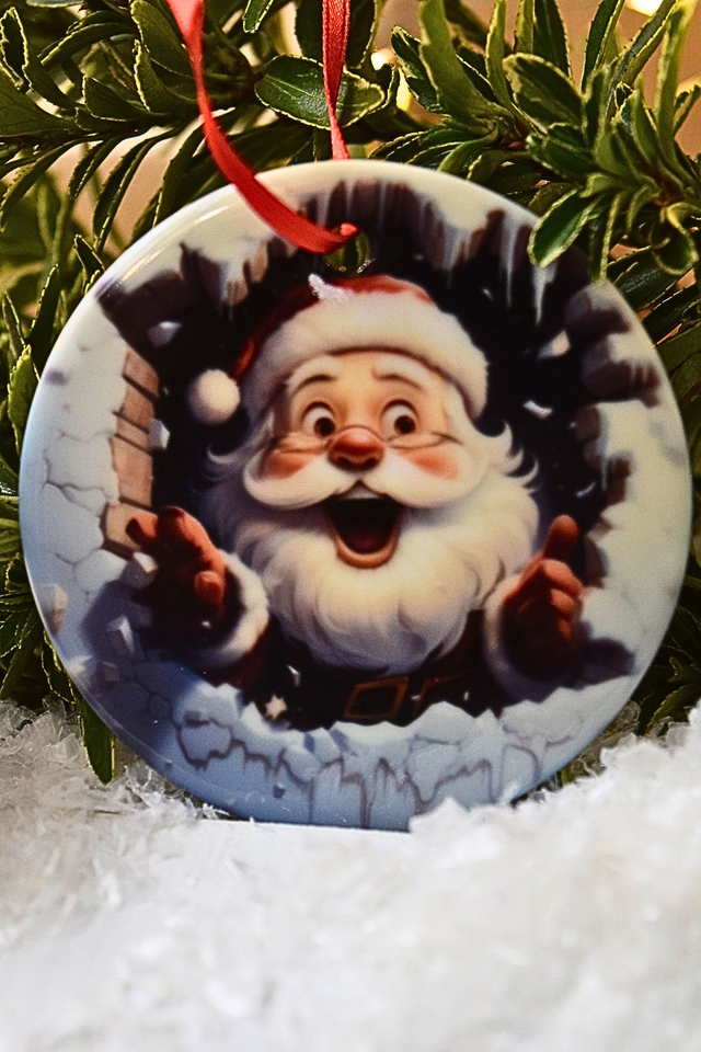Round Ceramic Christmas Ornament – Jolly Santa Design 