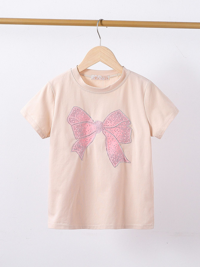 Tee Shirt Beige noeud rose perles et brillants