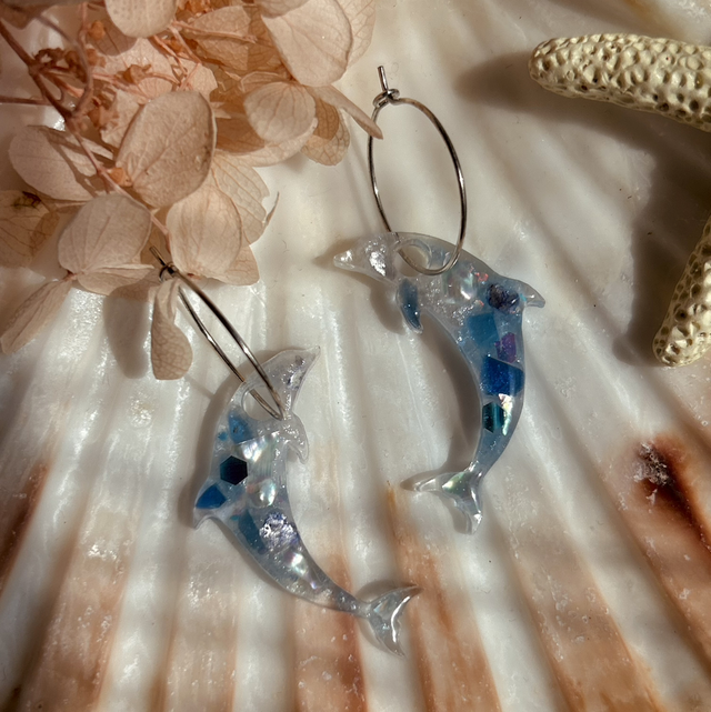 Dolphin Hoop Earrings with Sea Glass