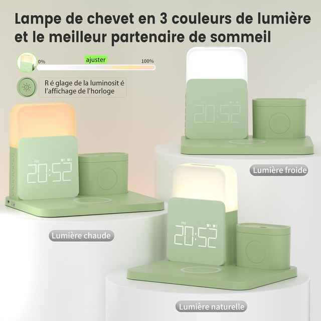 Station de Charge 3-en-1 COSLUS – Charge Sans Fil 15W, Réveil Lumineux & Lampe de Chevet (Vert)
