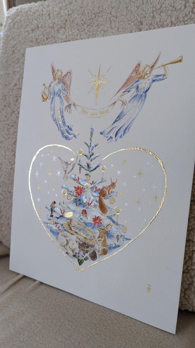 Aquarelle originale Noël anges et animaux 