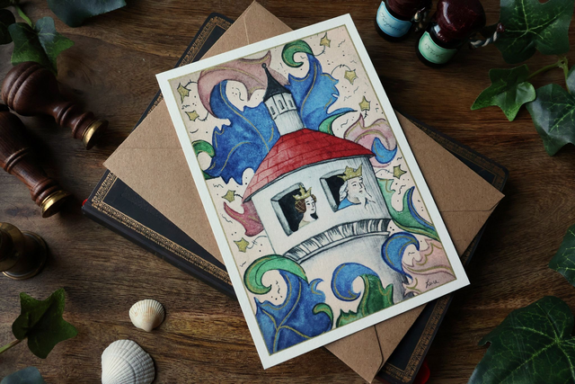 Carte postale médiévale- château Roi et Reine – Aquarelle &amp; dorures à la main – 10,5x15 cm avec enveloppe