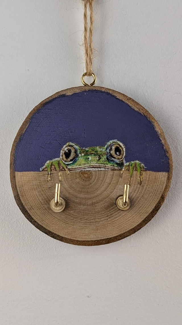 Peeking Frog - log slices with hooks