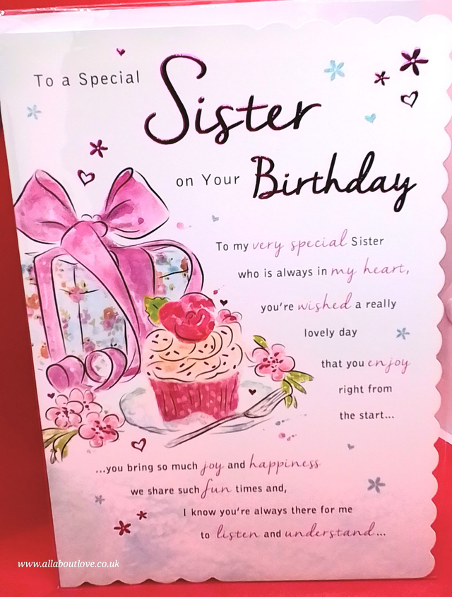 Sister Birthday Card Gift Box and Cupcake Design Loving Words 