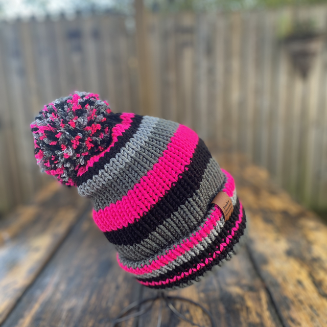 Funky Chunky Bobble hat – Hot Pink &amp; Storm Grey - Handmade in Scotland