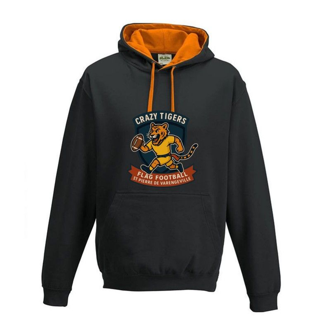 Sweat capuche noir - doublure, capuche et cordon orange. Poche kangourou. Intérieur gratté.