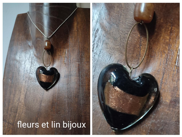 Z-Collier coeur en verre noir et cuivre,pierre en agate brune monté sur fil de lin avec chaîne d&#039;extension bronze, pièce unique 