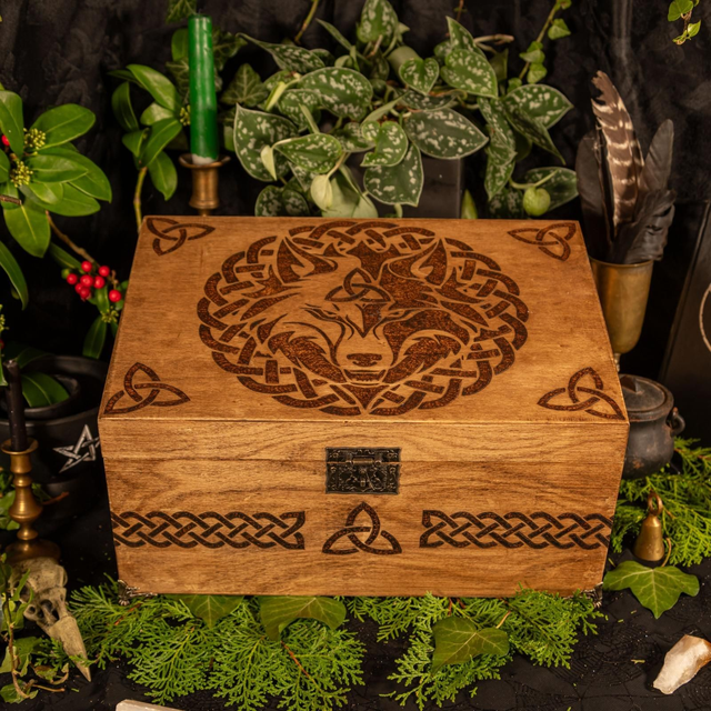 XL Celtic Wolf Hand Burned wooden Box