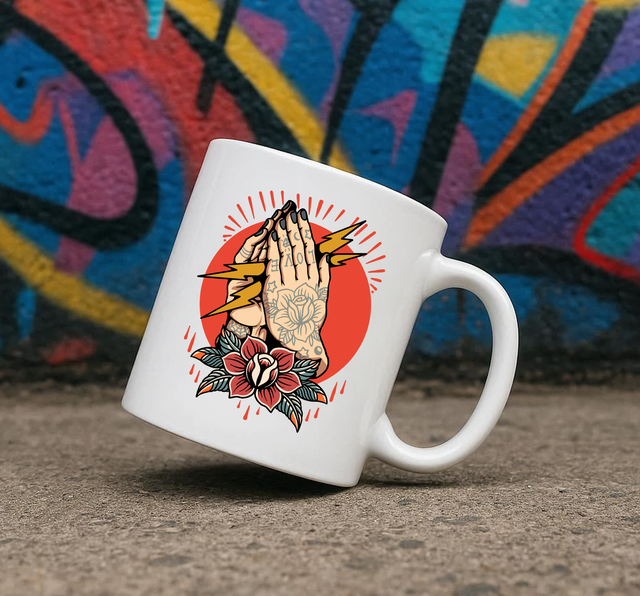 Traditional Tattoo Style Lightning Praying Hands 11oz Ceramic Printed Mug Design