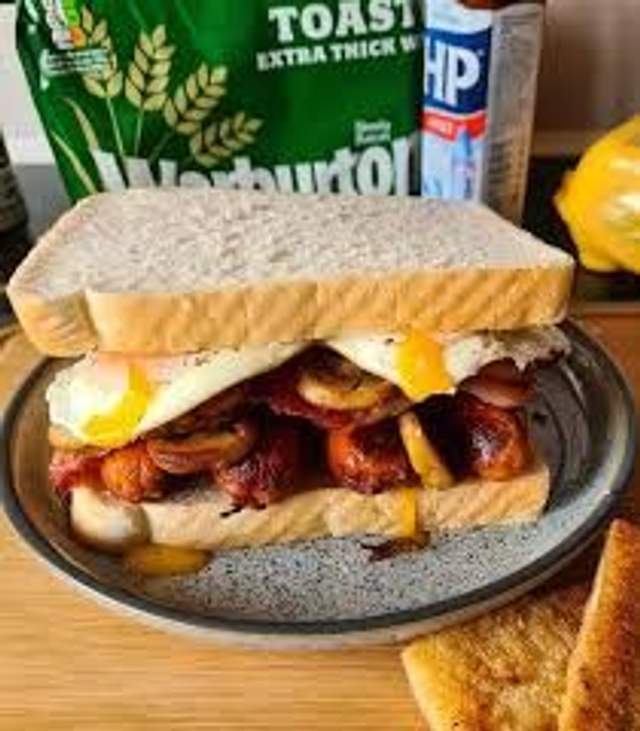 Sausage, bacon, egg and hash brown sandwich   
