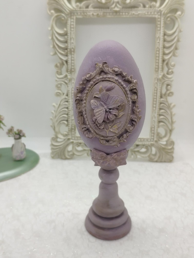Lilac butterfly Goose egg on a Painted wooden stand 