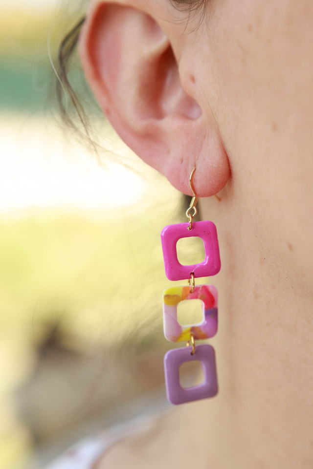 Boucles d&#039;oreilles Triple Carré Collection Floraison Colorée