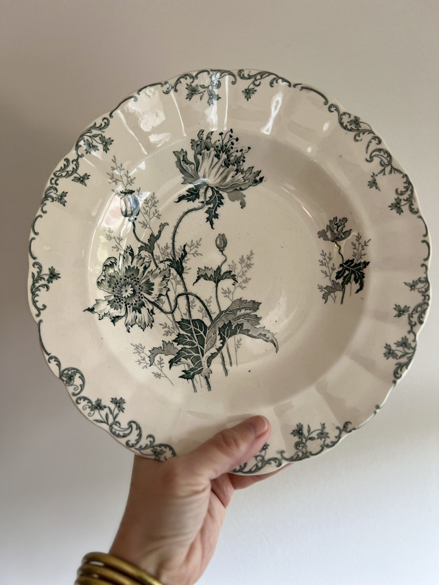 **RESERVEE** PAVOTS GRIS-VERT - Suite de 6 assiettes creuses modèle Pavots par la manufacture française Choisy le Roi (H. Boulenger) - Terre de Fer