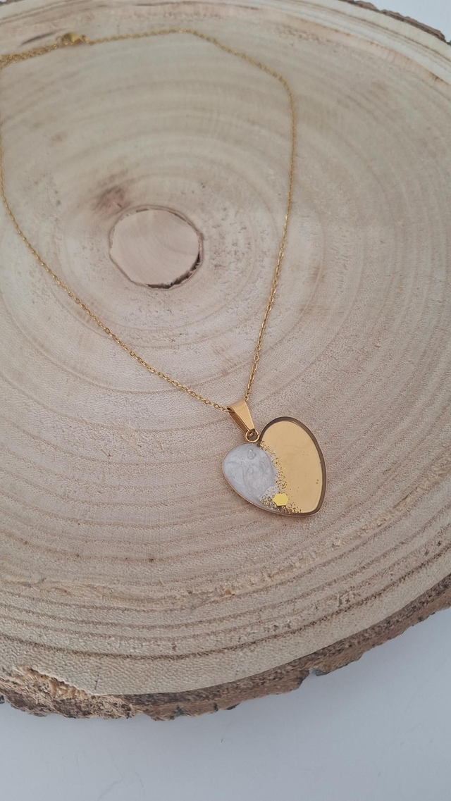 Collier cœur doré blanc/paillettes dorées 