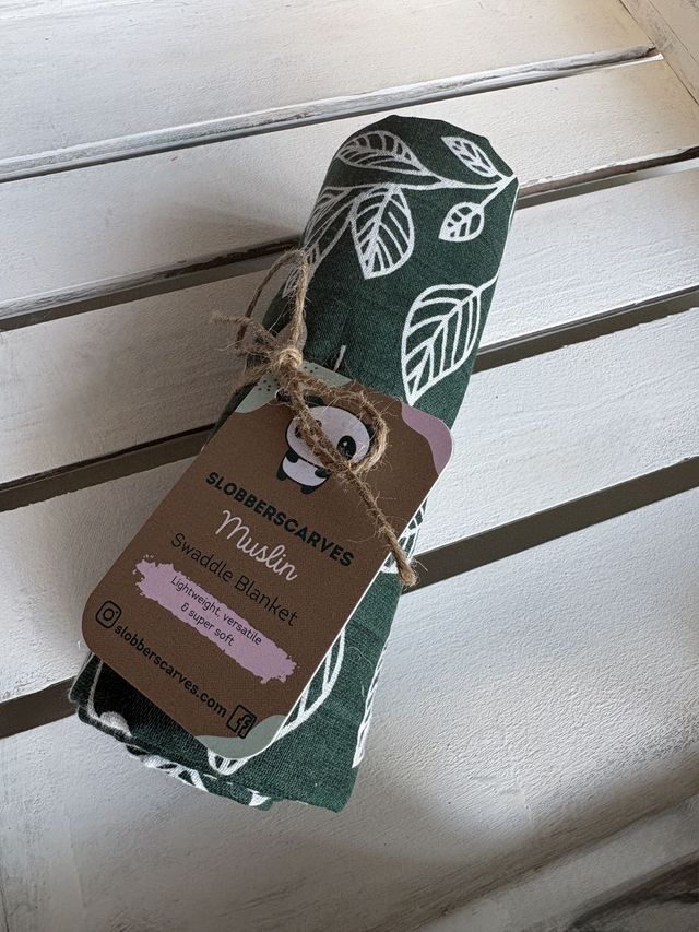 Deep Green with Leaves Muslin Swaddle Blanket  