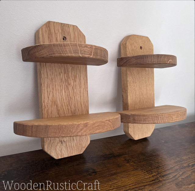 Set of 2 Handmade Oak Two-Tier Wall Shelves