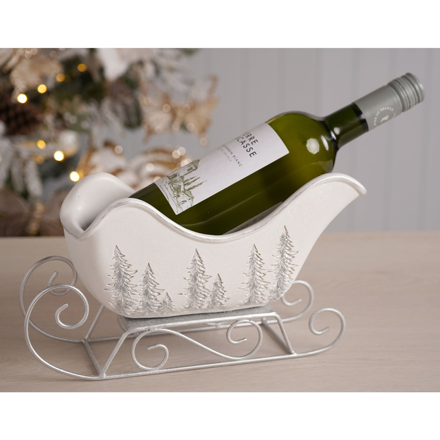 Christmas Sleigh Wine Bottle Holder – Silver Sparkle Festive Decoration 30cm