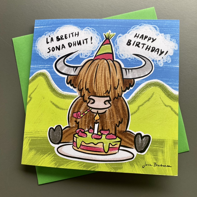 Highland Cow cake birthday card - Gaelic &amp; English