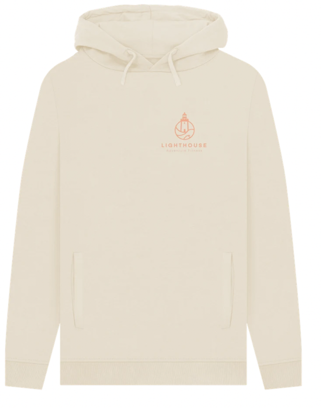 Lighthouse Adventure Fitness Organic Cotton Hoodie With Peach Logo and Puffin