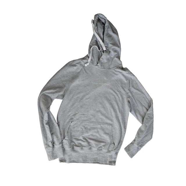 grey hoodie with holographic text "resist eugenics" size S