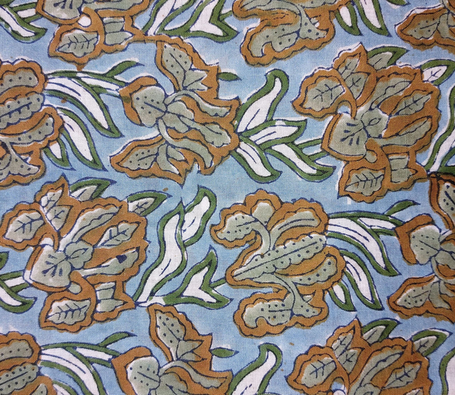 Grand sac cabas bleu clair et vert en coton imprimé à la main au block print - Doublure en coton rayé - Tote bag - Confectionné en Inde