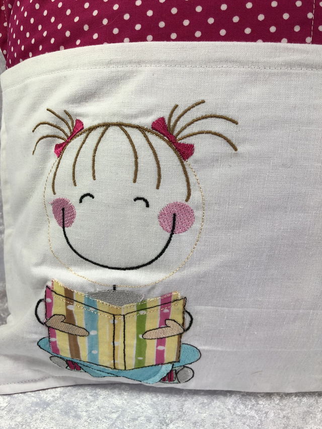 Cute Girl Reading Book Cushion with embroidered pocket