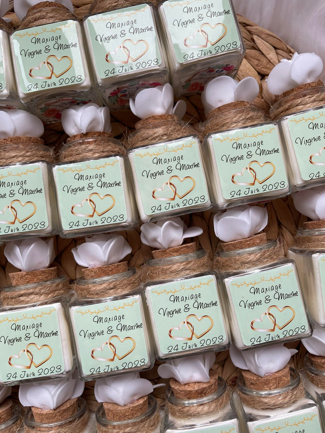 Pots en verre avec  bougie ou dragées  personnalisés pour Mariage