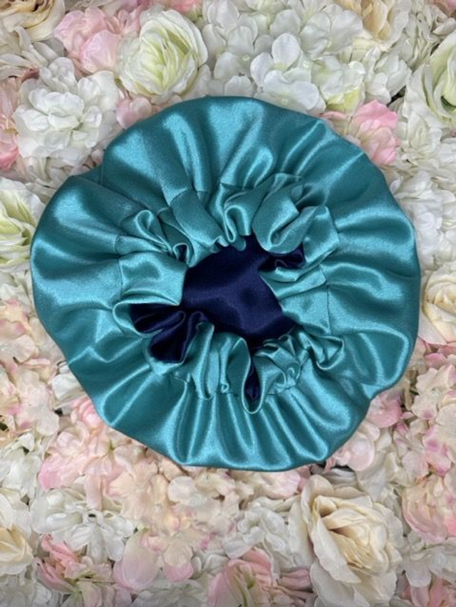 Bonnet en satin américain réversible Bleu &amp; Vert | Protection cheveux nuit | Anti-frisottis | Tailles S, M, L | Double face fait main