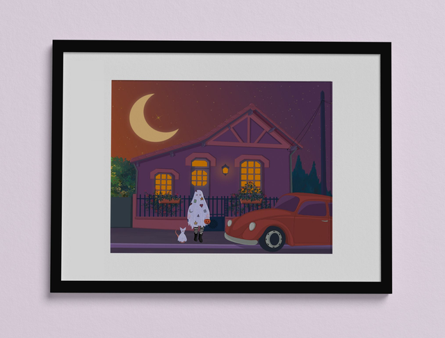 Affiche décorative - Tableau maison hantée, fantômes et Halloween - Illustration originale A4 - House 005