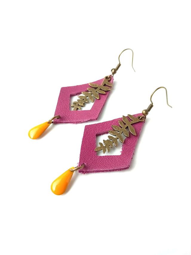 BO Médiévales Feuille - CUIR RECYCLÉ - Violet et jaune - Pièces Artisanales et Uniques 