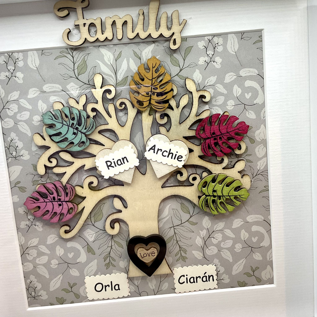Wooden Family tree with colourful wooden leaves. Personalised.