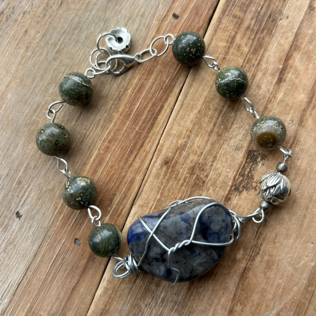 Handmade Series: Sodalite and Moss Agate - Handmade Wire-Wrapped Bracelet 