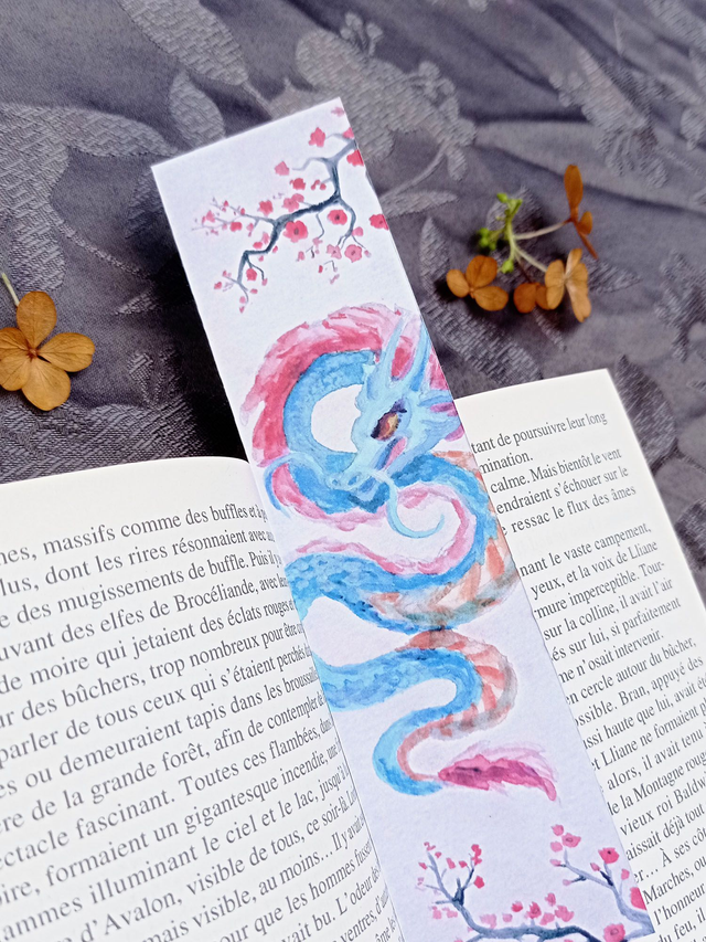 Marque-page – Dragon japonais & cerisiers en fleur 