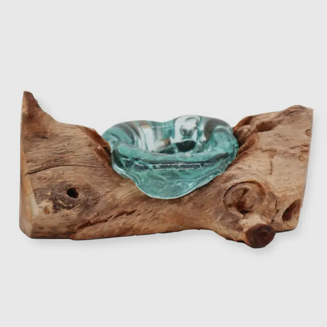 Molton Glass Single Candle Holder on Wood 