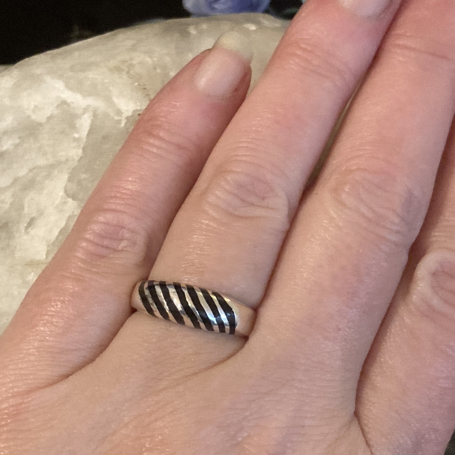 Sterling Silver Mexico Ring with Black Enamel Stripes Size N
